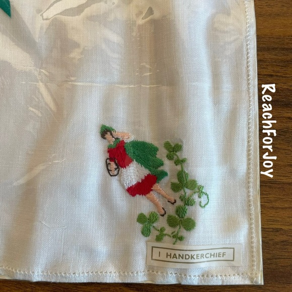 Vintage Pure Irish Linen Handkerchief Embroidered Woman Design Green White - Picture 2 of 3